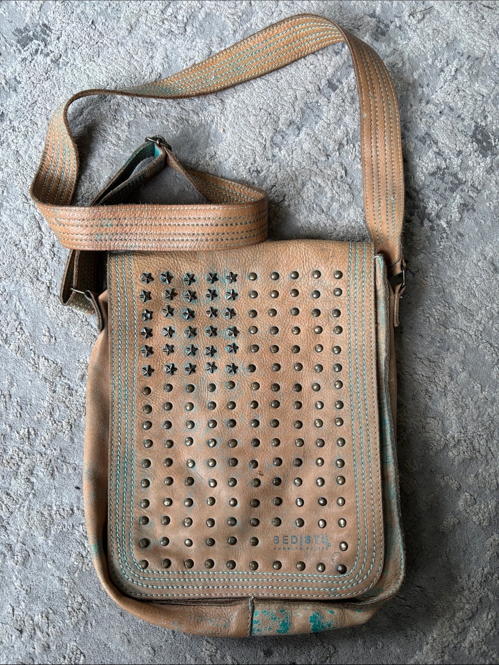 BED|STU cobbler series Tan Leather Studded Messenger Bag LIMITED RUNS.